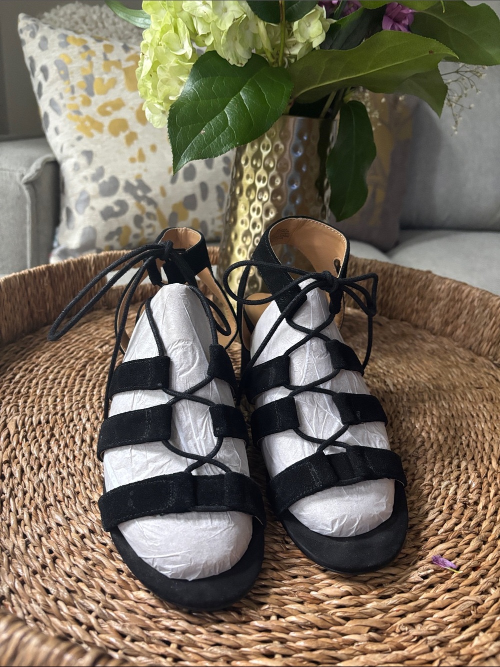 Nine West Black Lace-Up Strappy Suede Sandals